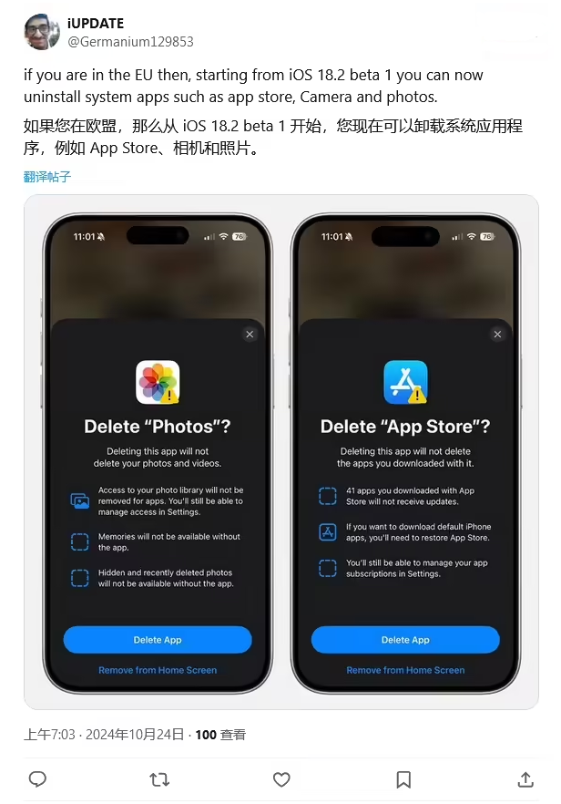 后湖管理区苹果手机维修分享iOS 18.2 支持删除 App Store 应用商店 