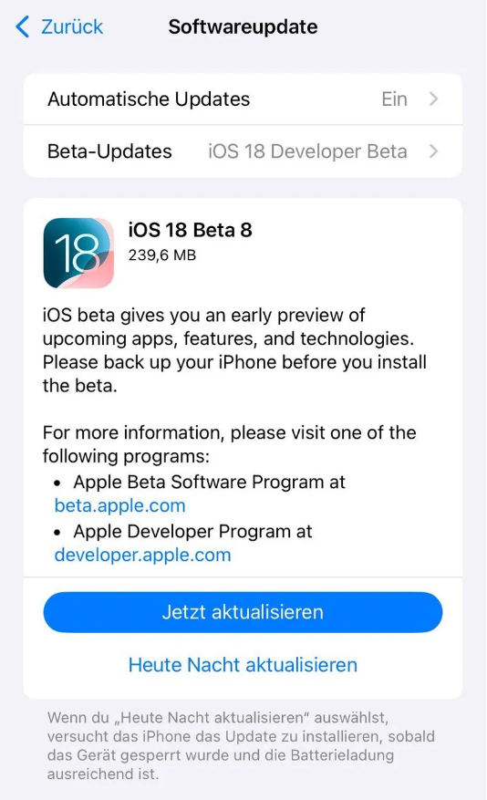 后湖管理区苹果手机维修分享苹果 iOS / iPadOS 18 开发者预览版 Beta 8 发布 